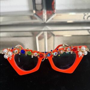 Jewel Embellished Cateye Orange Sunglasses